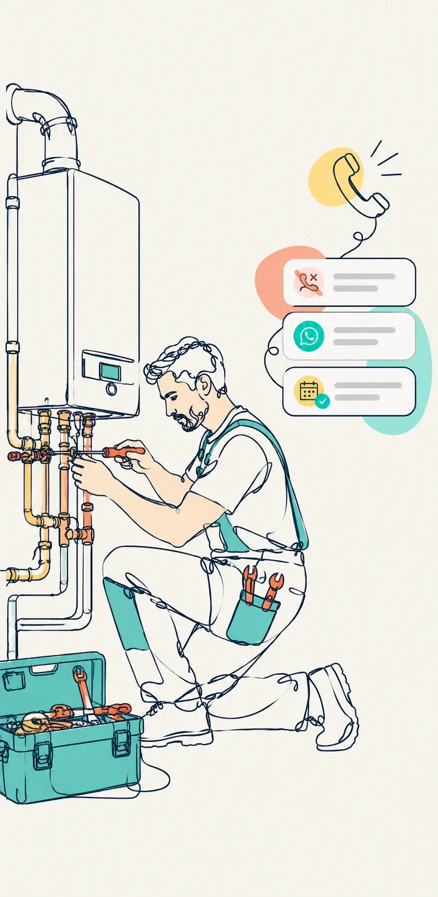 Lijntekening: een installateur repareert een cv-ketel terwijl Buzzyo de telefoon afhandelt